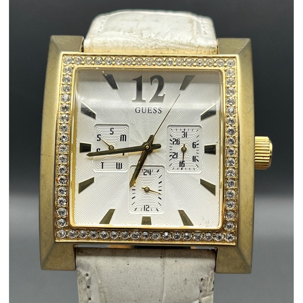 VTG Guess G11016L Gold Crystal Bezel Women's Tank Watch White Leather Strap